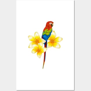 parrot sitting on a branch with tropical flowers Posters and Art